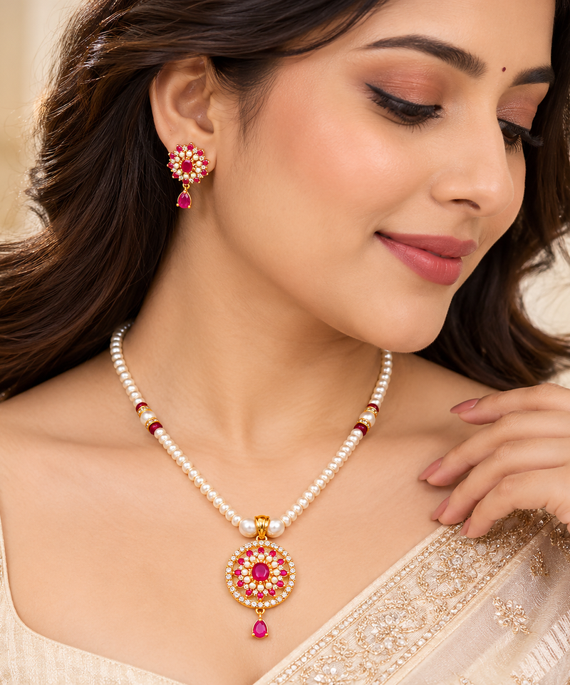 Certified Pearls Ruby Floral Pendant Set with Matching Earrings