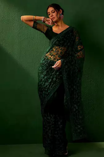Green embroidered saree