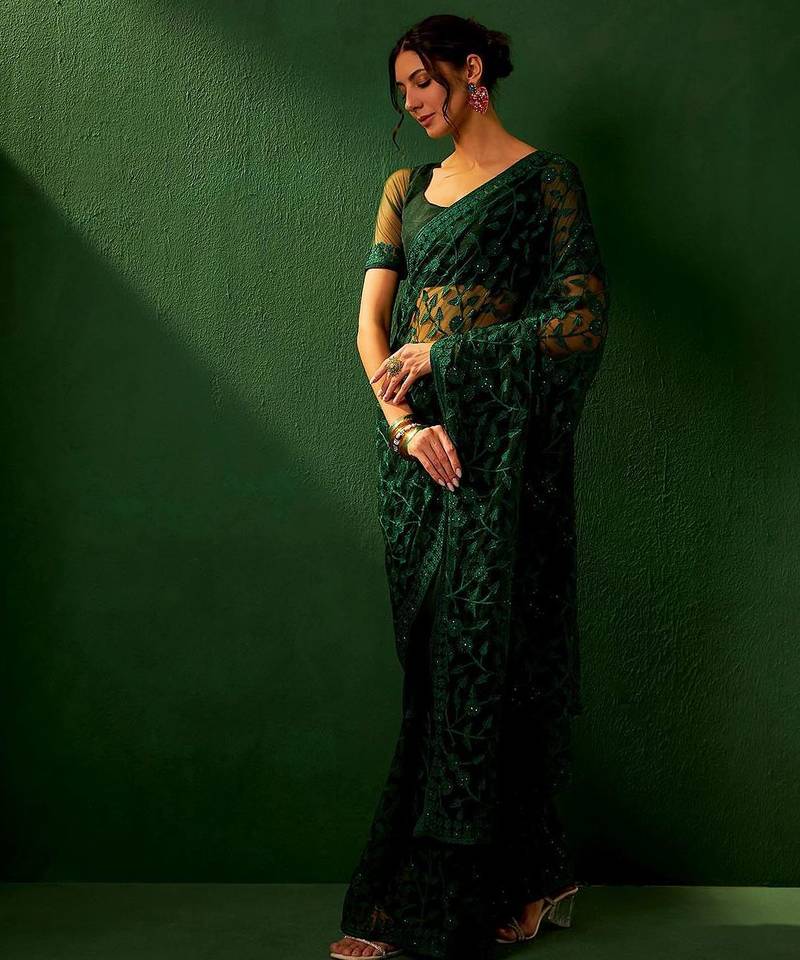Green embroidered saree