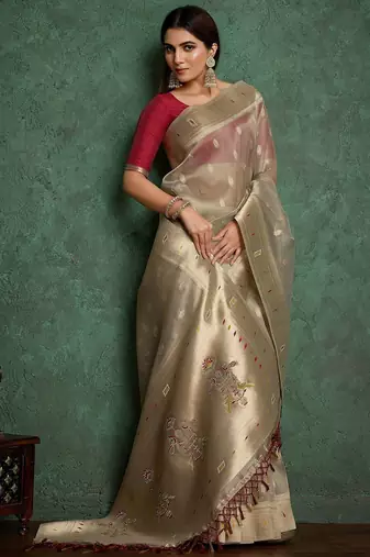 Beige woven design paithani saree withblousepiece