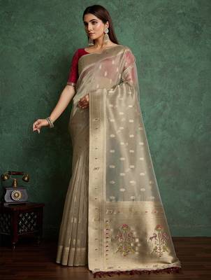 Beige woven design paithani saree withblousepiece 2