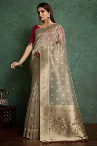 Beige woven design paithani saree withblousepiece