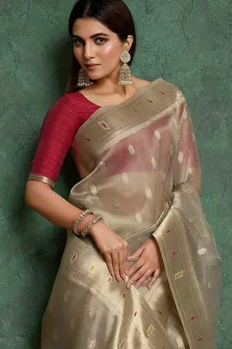 Beige woven design paithani saree withblousepiece