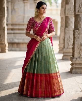 South Indian Style Semi-Stitched Half Saree with Blouse and Dupatta 4