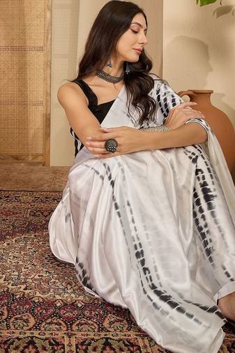 White tie and dye satin saree with blouse piece