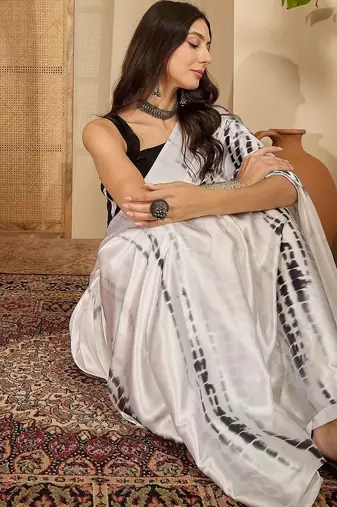 White tie and dye satin saree with blouse piece