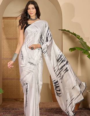 White tie and dye satin saree with blouse piece 2