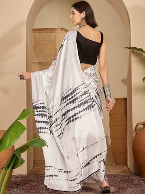 White tie and dye satin saree with blouse piece 5