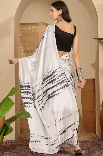 White tie and dye satin saree with blouse piece