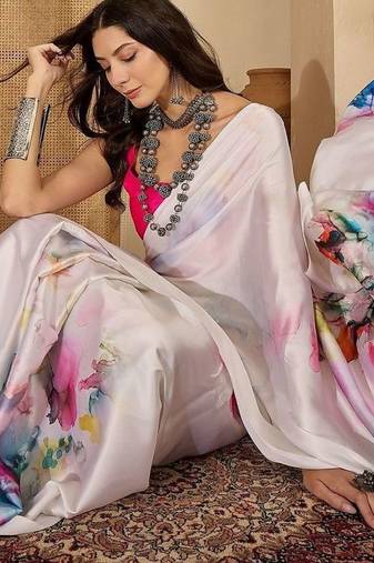 White satin designer saree