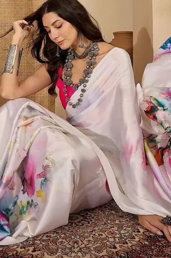 White satin designer saree