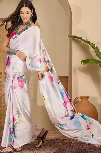 White satin designer saree