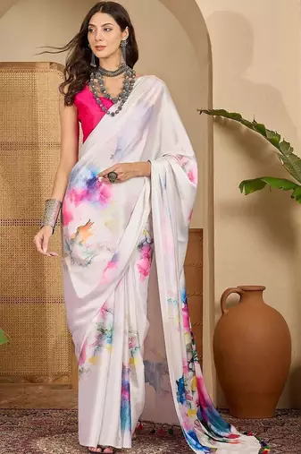 White satin designer saree