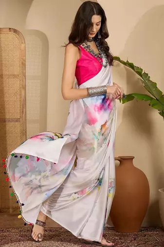 White satin designer saree