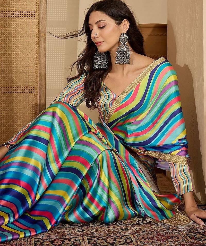 Multicolor satin designer saree