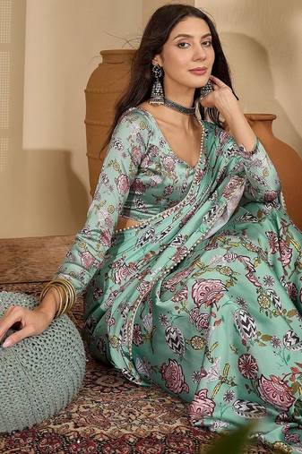 Green floral printed satin saree with blouse piece