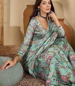 Green floral printed satin saree with blouse piece