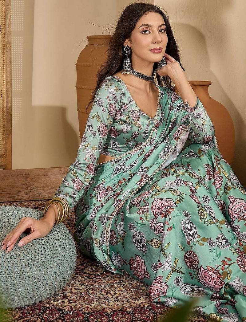Green floral printed satin saree with blouse piece
