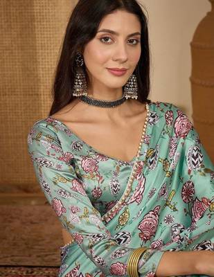 Green floral printed satin saree with blouse piece 2