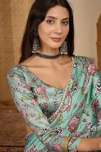 Green floral printed satin saree with blouse piece