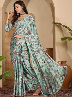Green floral printed satin saree with blouse piece 3