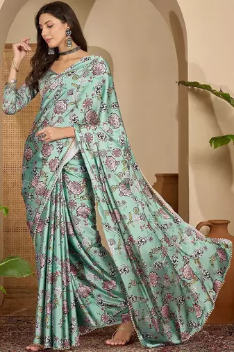 Green floral printed satin saree with blouse piece