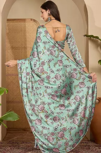 Green floral printed satin saree with blouse piece