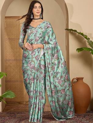 Green floral printed satin saree with blouse piece 5