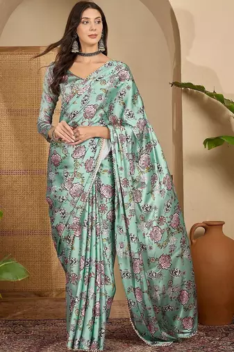 Green floral printed satin saree with blouse piece