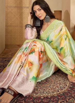 Green floral satin saree 1