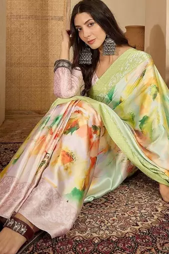 Green floral satin saree