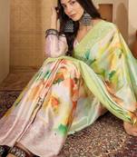 Green floral satin saree