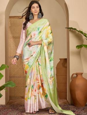 Green floral satin saree 2