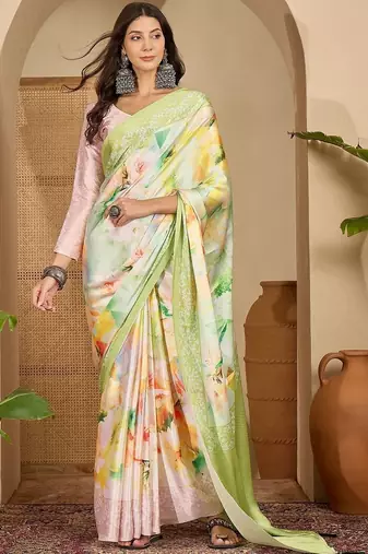 Green floral satin saree