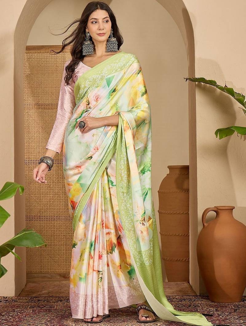 Green floral satin saree