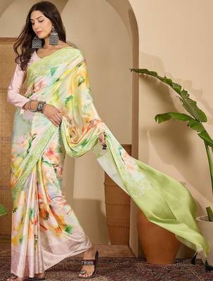 Green floral satin saree 3