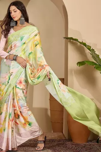 Green floral satin saree