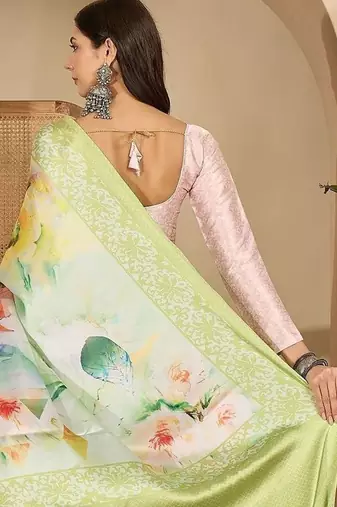 Green floral satin saree