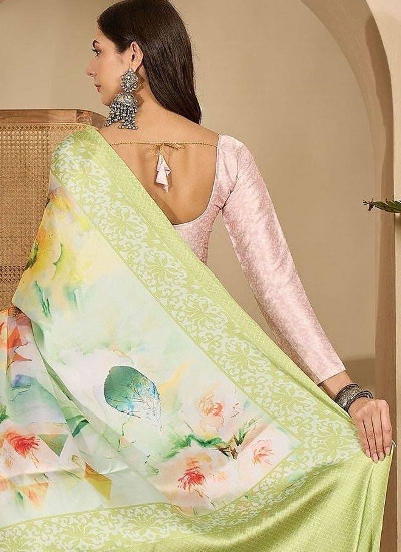 Green floral satin saree