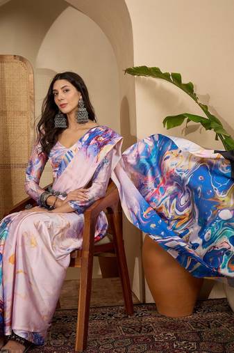 Multicolor women multicolor satin designer saree