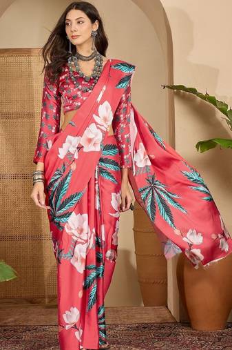 Red women red satin floral printed ethnic saree and blouse piece