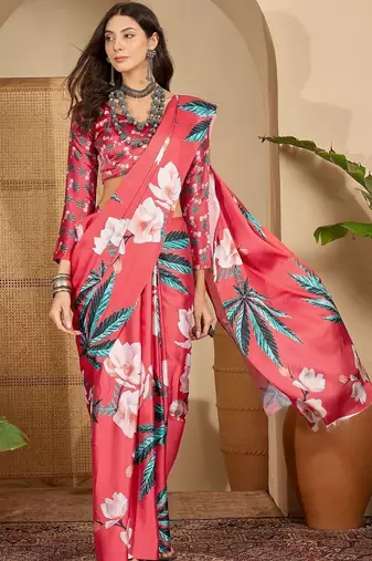 Red women red satin floral printed ethnic saree and blouse piece