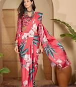 Red women red satin floral printed ethnic saree and blouse piece