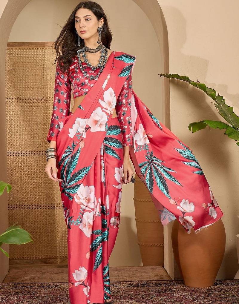 Red women red satin floral printed ethnic saree and blouse piece