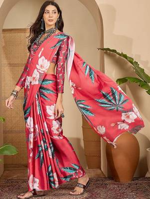Red women red satin floral printed ethnic saree and blouse piece 2