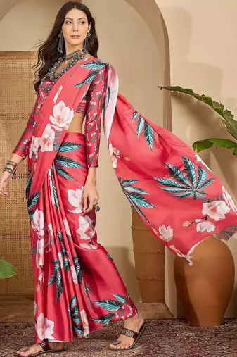 Red women red satin floral printed ethnic saree and blouse piece
