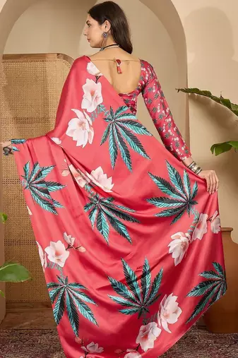Red women red satin floral printed ethnic saree and blouse piece