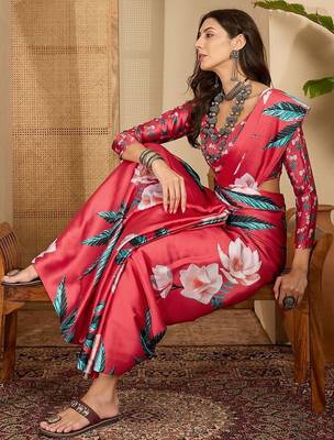 Red women red satin floral printed ethnic saree and blouse piece 4