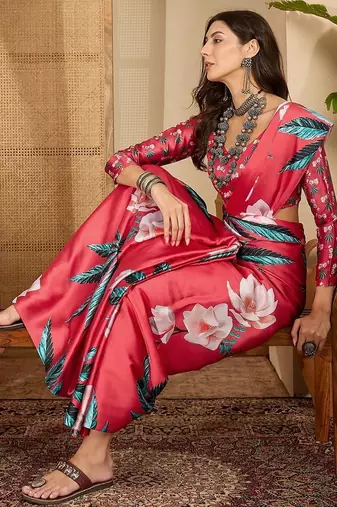 Red women red satin floral printed ethnic saree and blouse piece