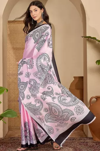 Pink paisley satin designer saree